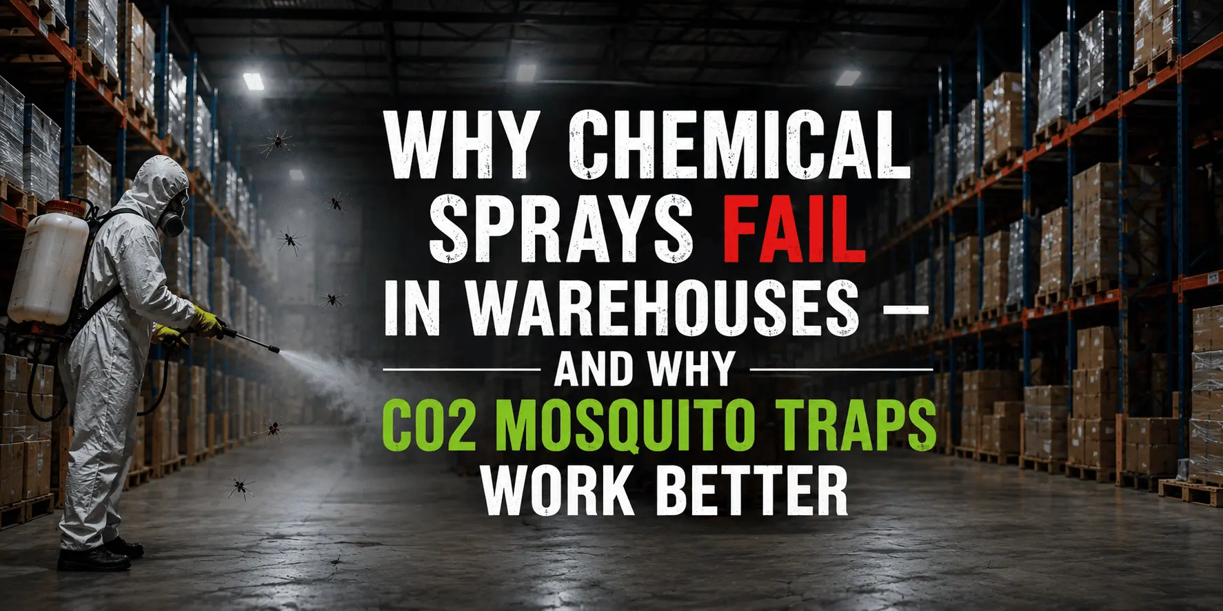 Chemical spraying in warehouse for mosquito control compared with CO2 trap solutions.